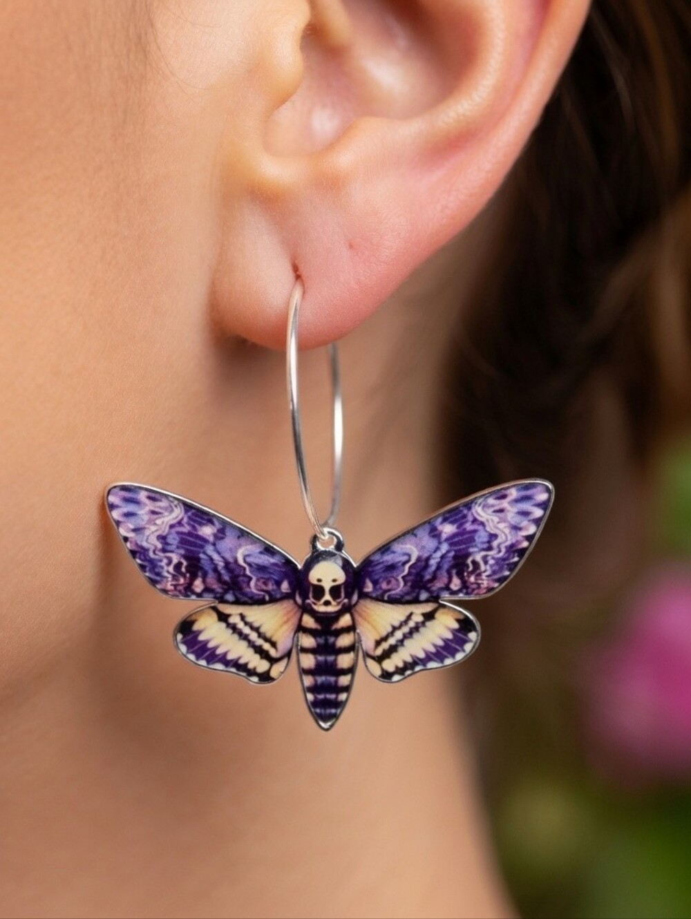 MODCLOTH ACRYLIC DEATH HEAD MOTH EARRINGS 2 - Picture 2 of 3